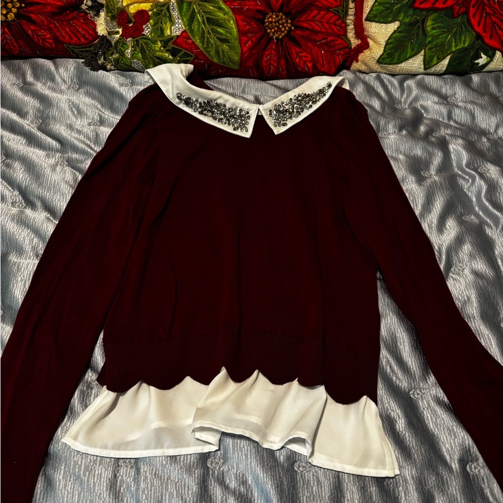 Belldini Burgundy Sweater with Embellished White Collar